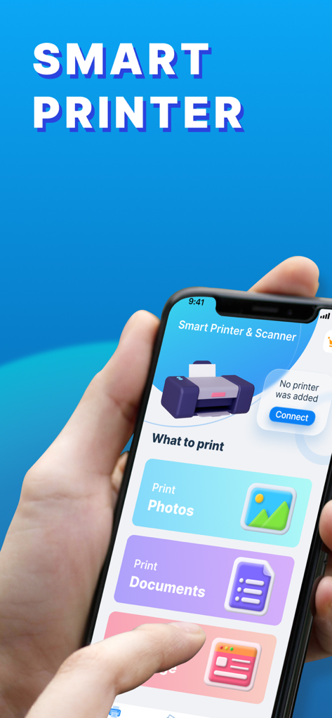 Smart Air Printer App - Scan - Smart Air Printer App en iPhone mostrando opciones para imprimir fotos y documentos