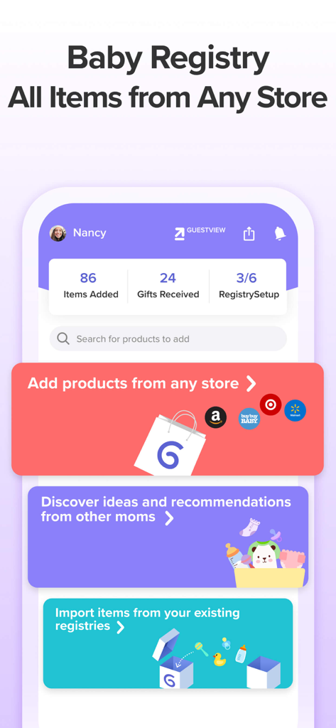 Glow Nurture pregnancy app baby registry feature showing multi-store support and gift tracking