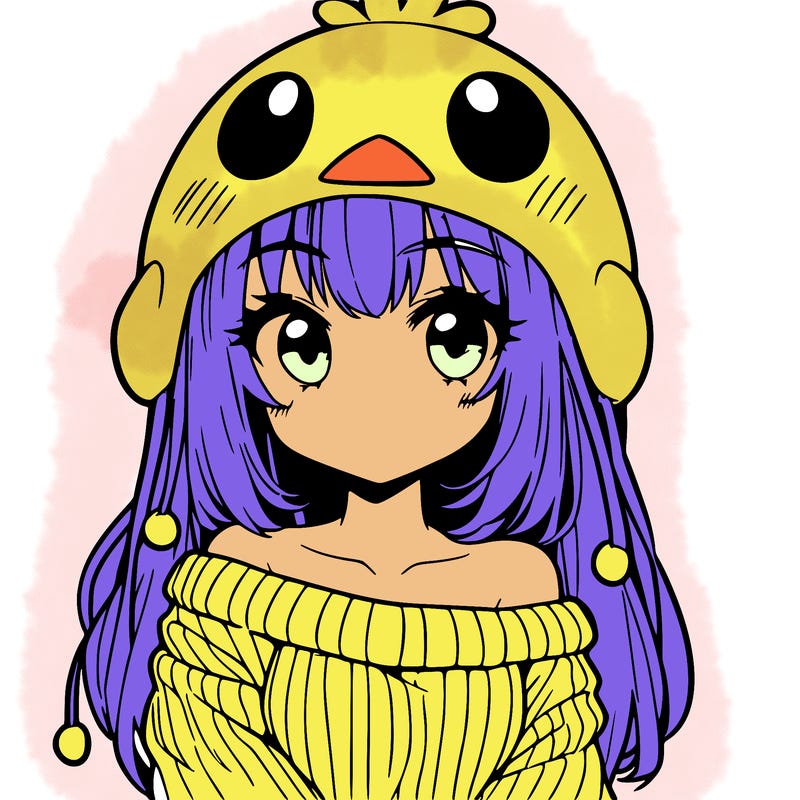 anime girl with chick shaped hat with sweater with bare shoulders with bangs covering them one eye with low tail