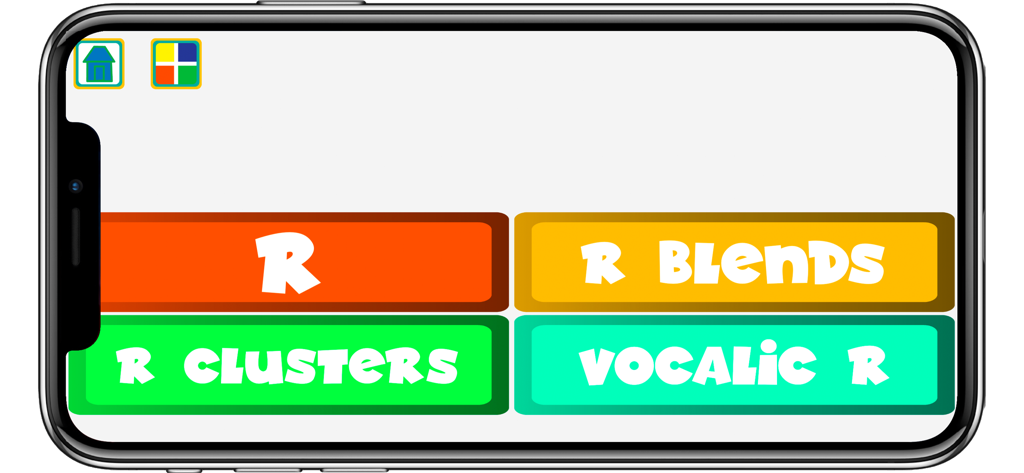 R Articulation - Menu principal de l'application R Articulation montrant des boutons de sélection pour les sons R, les blends R, les groupes R et le R vocalique