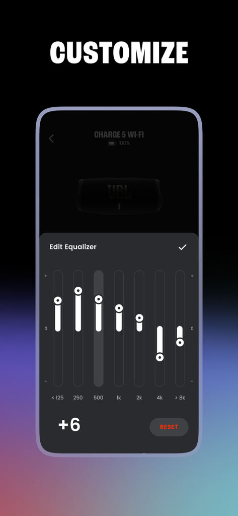 JBL One app screen for editing equalizer settings on a speaker