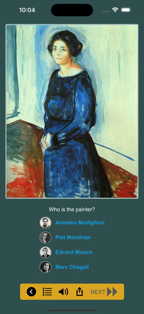 Modern Paintings Vol.3 - A screenshot of an art history quiz in the Modern Paintings app showing a portrait painting and four artist options