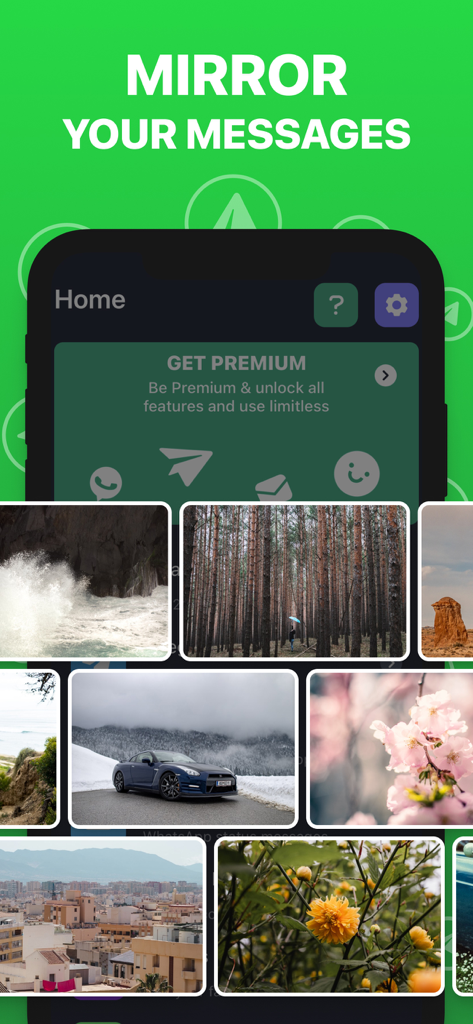 Dual Messenger For WA Account - Captura de pantalla de la aplicación Dual Messenger para Cuentas WA que muestra la función de espejo de mensajes y una galería de fotos.