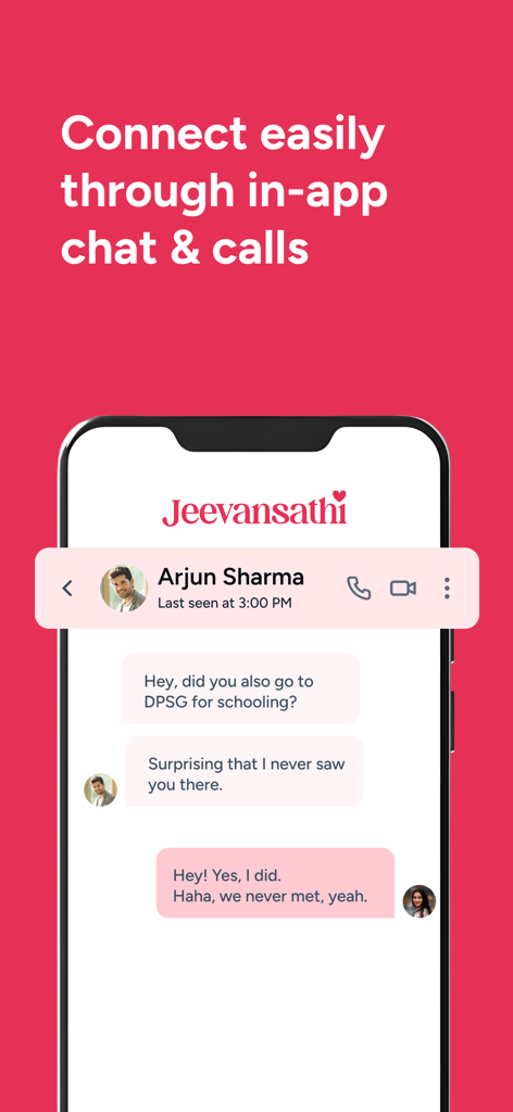Screenshot of the Jeevansathi marriage app chat interface showing a conversation between two users with in-app call and video icons.