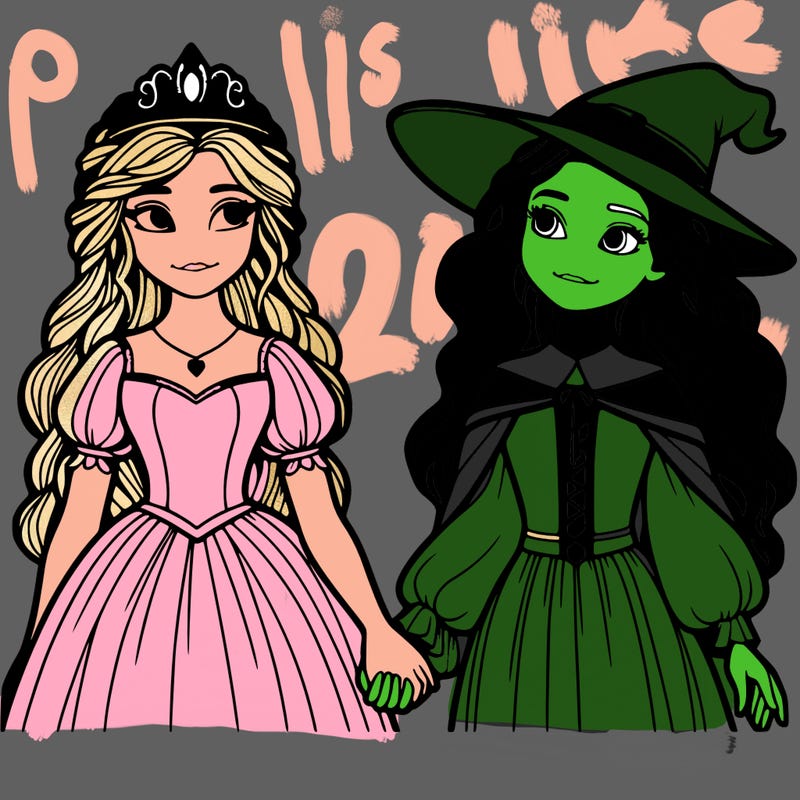 a princess and a witch holding hands realistic