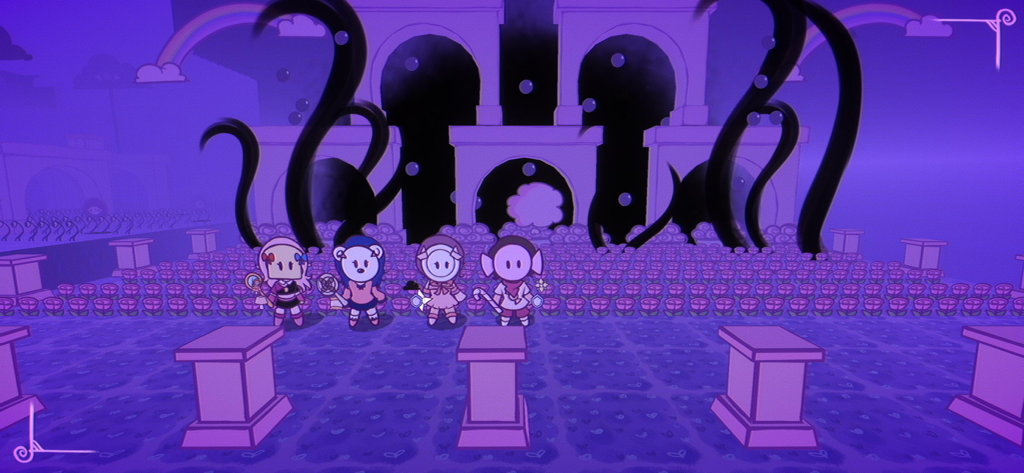 Sundy Stairway - Cuatro personajes de dibujos animados de pie en un paisaje surrealista púrpura con tentáculos oscuros y arcos