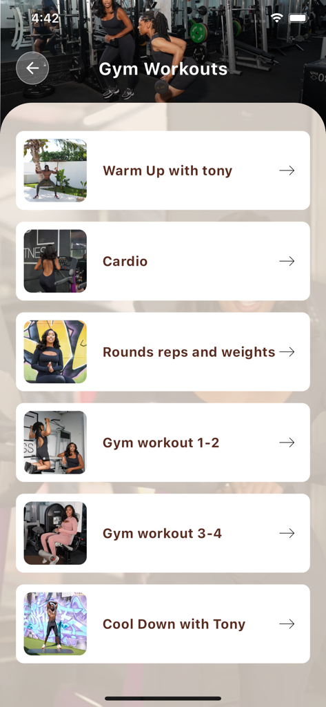 CURVD by Capri Curves - A list of professional gym workout routines and categories in the CURVD fitness app.