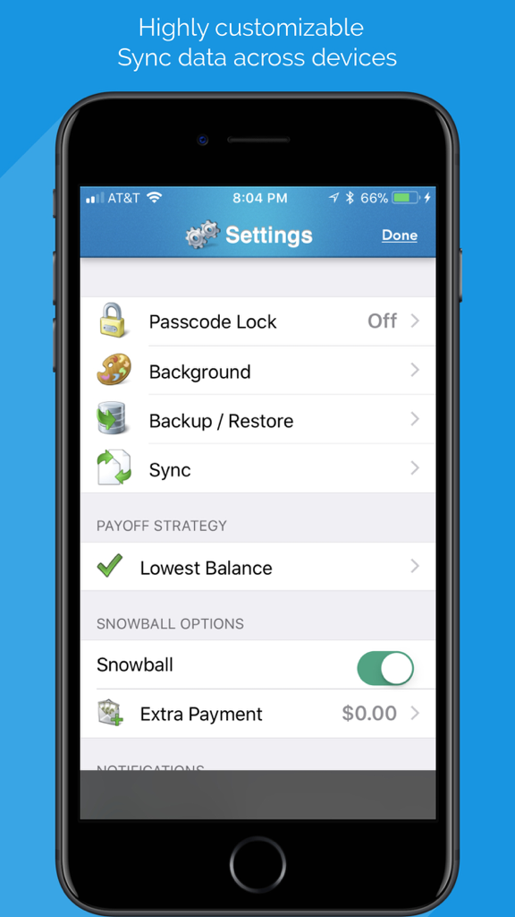 Debt Free - Pay Off your Debt - Settings menu of the Debt Free app showing payoff strategies and sync options on an iPhone screen