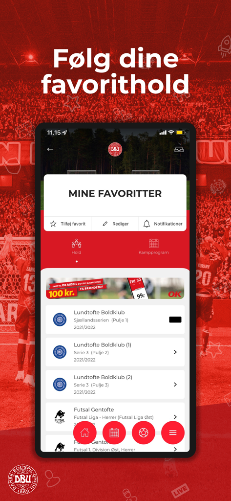 Screenshot of the Fodbold app showing the favorites menu with a list of selected Danish football clubs