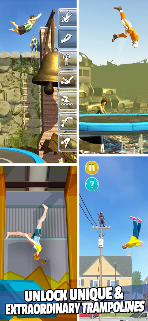 Four gameplay screens of Flip Master showing different characters performing trampoline stunts in various settings.