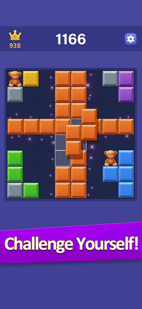 Gameplay screenshot of Color Block Puzzle showing a grid with colorful blocks and teddy bears