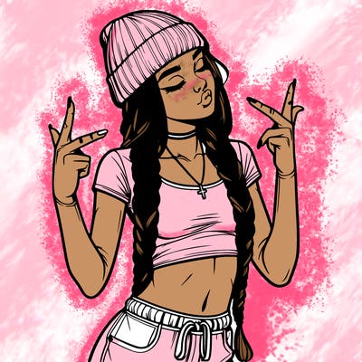 realistic teenage girl with braids and a beanie and crop top doing 🫶🏼