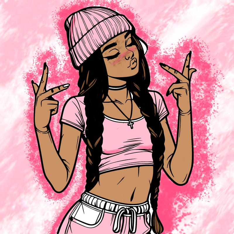 realistic teenage girl with braids and a beanie and crop top doing 🫶🏼