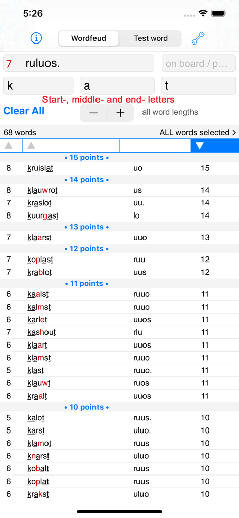 NL Woordvinder Wordfeud - NL Woordvinder Wordfeud app showing a list of words sorted by points
