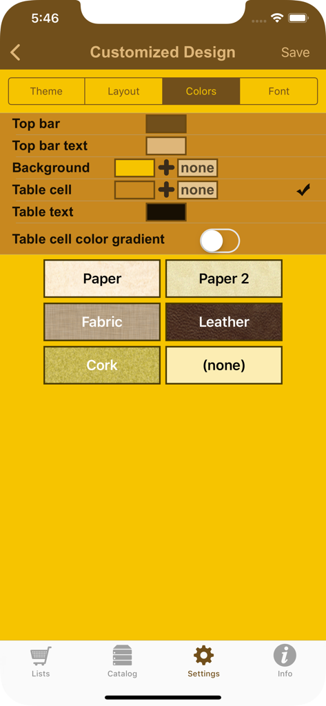 Shopping Pro (Grocery List) - Configuración de personalización en la aplicación Shopping Pro mostrando opciones de colores y texturas de fondo como papel y cuero.