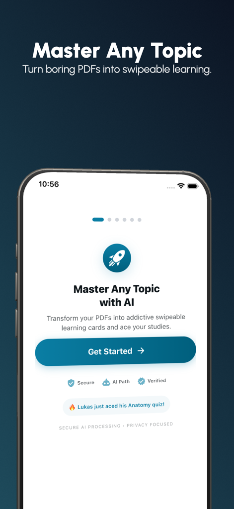 EduSwipe: AI Flashcards & SRS - EduSwipe app onboarding screen showing the Master Any Topic with AI feature and a Get Started button