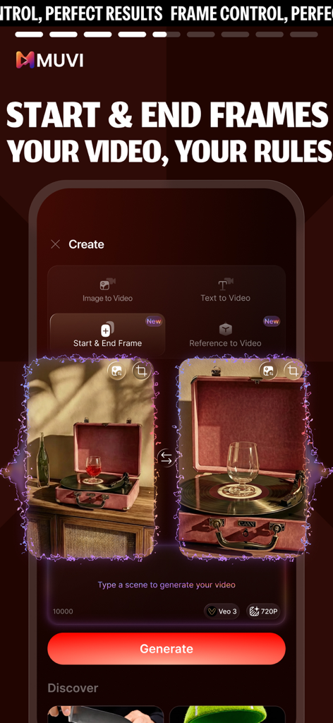 AI Video Maker & Editor - Muwi - Interface of Muwi app showing the start and end frame feature to animate a vintage record player.