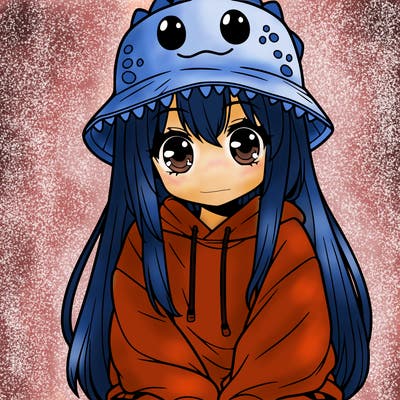 girl with anime shaped eyes with a dinosaur bucket hat oversized sweatshirt long straight hair