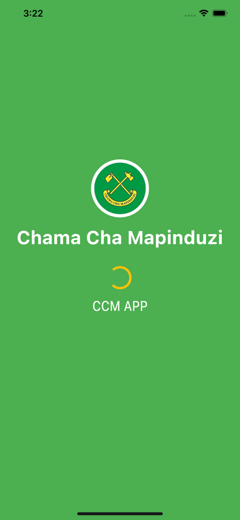 CCM_App - Splash screen of the CCM App showing the Chama Cha Mapinduzi logo and name on a green background
