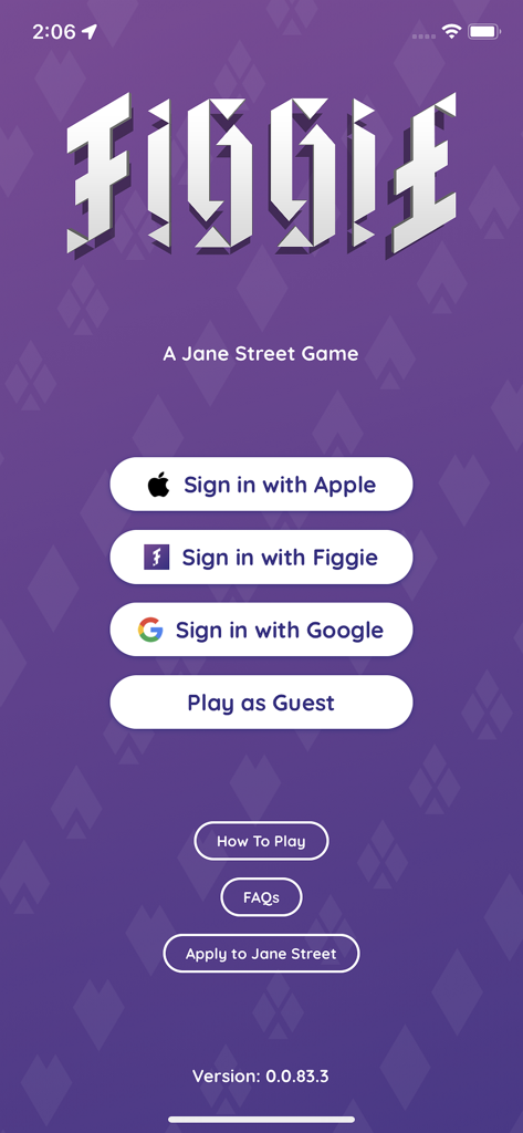 Figgie By Jane Street - Login screen of the Figgie app by Jane Street with sign in options