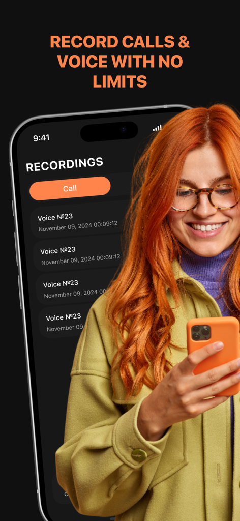 User viewing a list of recorded calls and voice memos in the Call Global Recorder Max app