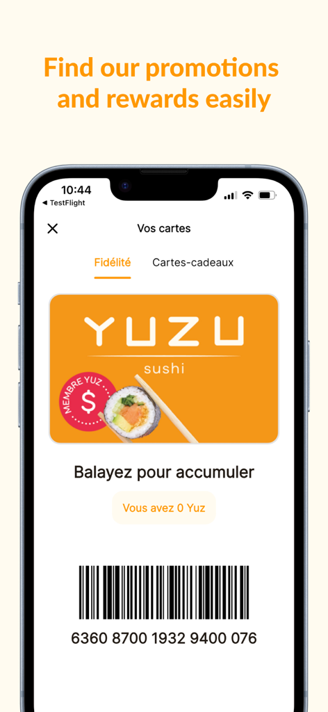 Digital loyalty card screen in the Yuzu Sushi mobile app showing a barcode and rewards points.