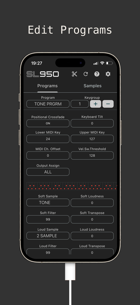 SL950 app interface showing program editing parameters for AKAI S900 and S950 samplers