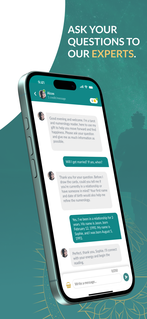 A mobile phone screen displaying a live psychic chat consultation in the iVoyance app