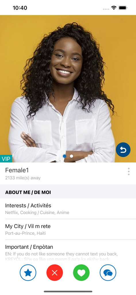 Rankontre: Match. Chat. Date. - User profile interface of the Rankontre dating app for Haitian singles showing bilingual descriptions and match options