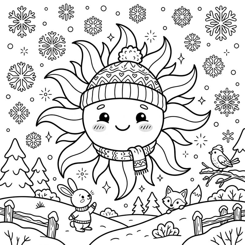 Explore a delightful winter scene where a cheerful sun corona bundles up against the cold. This charming coloring page, perfect for kids, invites young artists to add vibrant hues to a cozy snowy landscape.