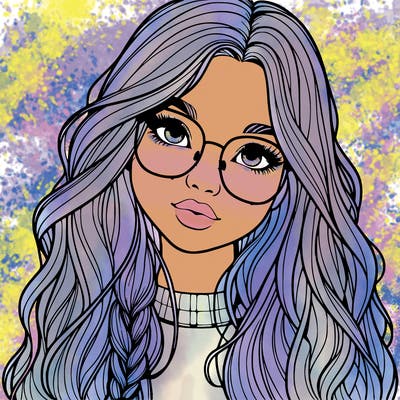girl with long hair and freckles and glasses realistic