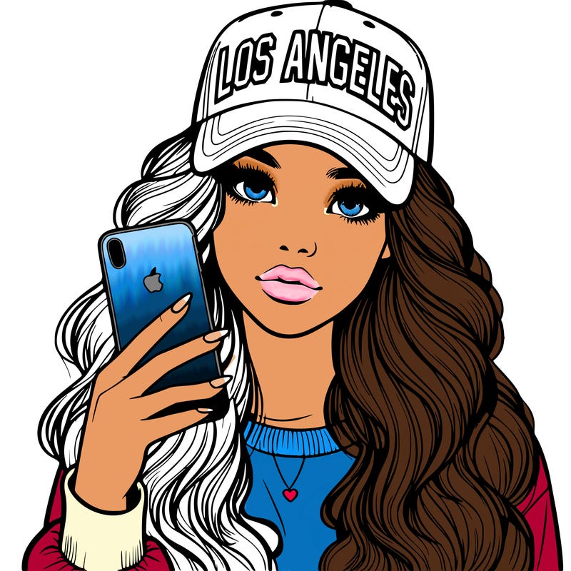 realistic beautiful girl wearing los ángeles cap holding an iphone
