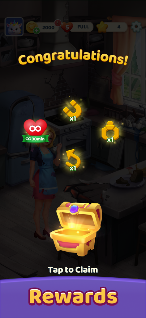 Tile Story: Cozy Tile Journey - Congratulations screen in Tile Story showing an open treasure chest with game rewards and a female character.