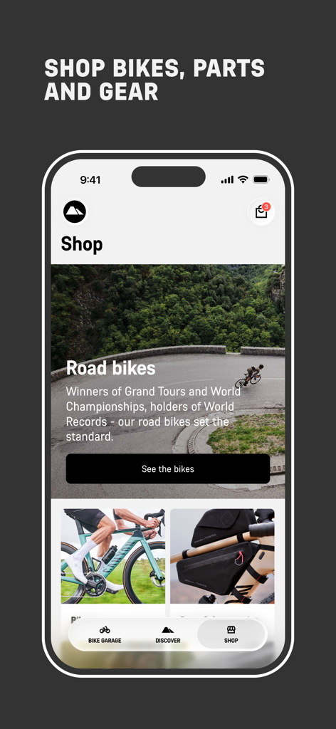 Canyon - ロードバイク、サイクリングパーツ、ギアのカテゴリを表示するCanyonアプリのショップセクション