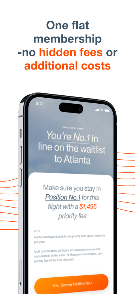 Fly Vaunt app displaying waitlist status for a private flight to Atlanta with priority fee details