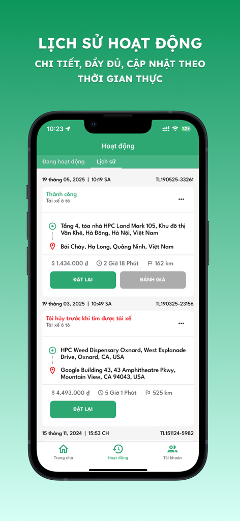 A smartphone screen showing the activity history of the Thuelai app with a list of previous car driver bookings and trip details.