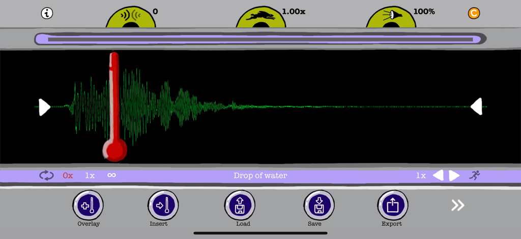 soundOscope app interface displaying a green waveform of a recorded drop of water with scientific laboratory style controls for audio editing