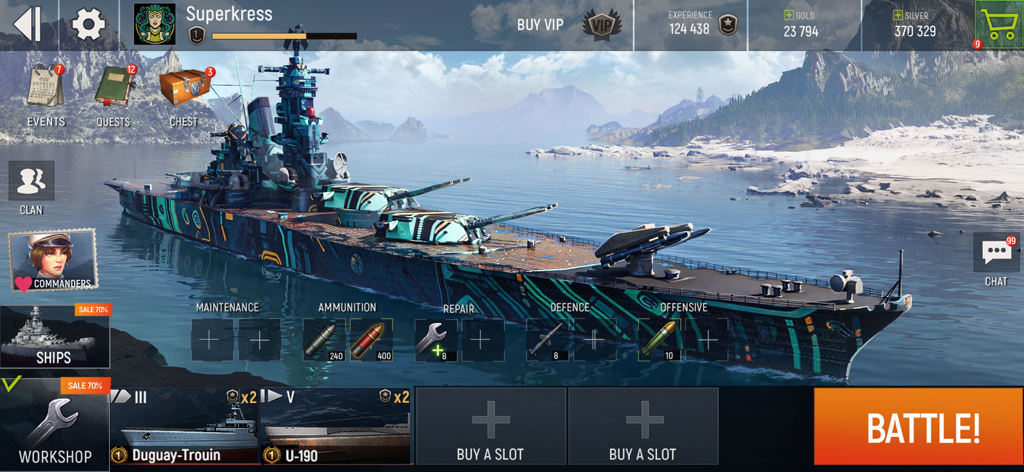 A camouflaged warship in the Navy War simulator menu with game interface for upgrades and battle