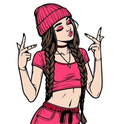 realistic teenage girl with braids and a beanie and crop top doing 🫶🏼