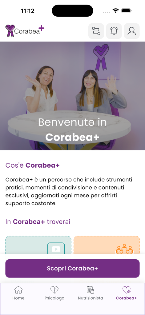 Corabea - Welcome screen for Corabea plus premium subscription for eating disorder recovery