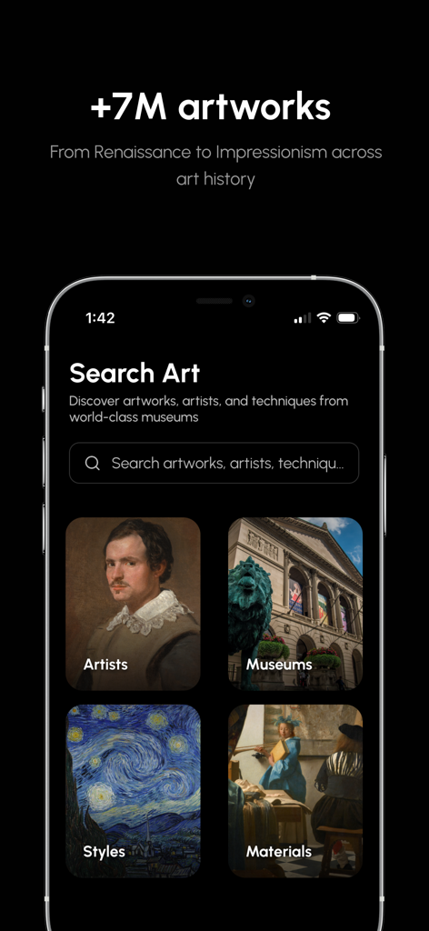 LearnArt app search interface with categories for artists museums styles and materials