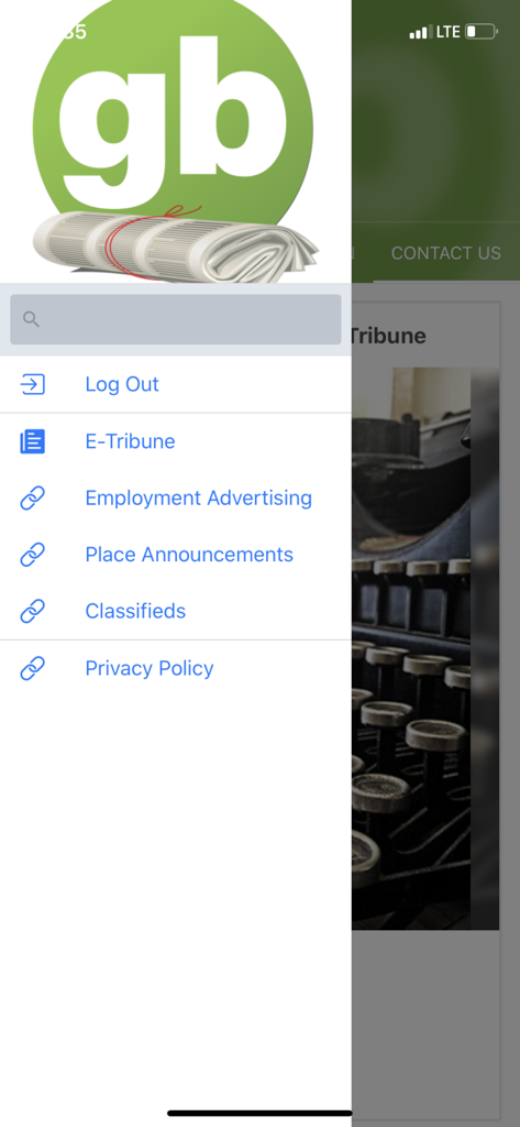 Great Bend Tribune - Navigation sidebar of the Great Bend Tribune app showing links for E-Tribune and Classifieds
