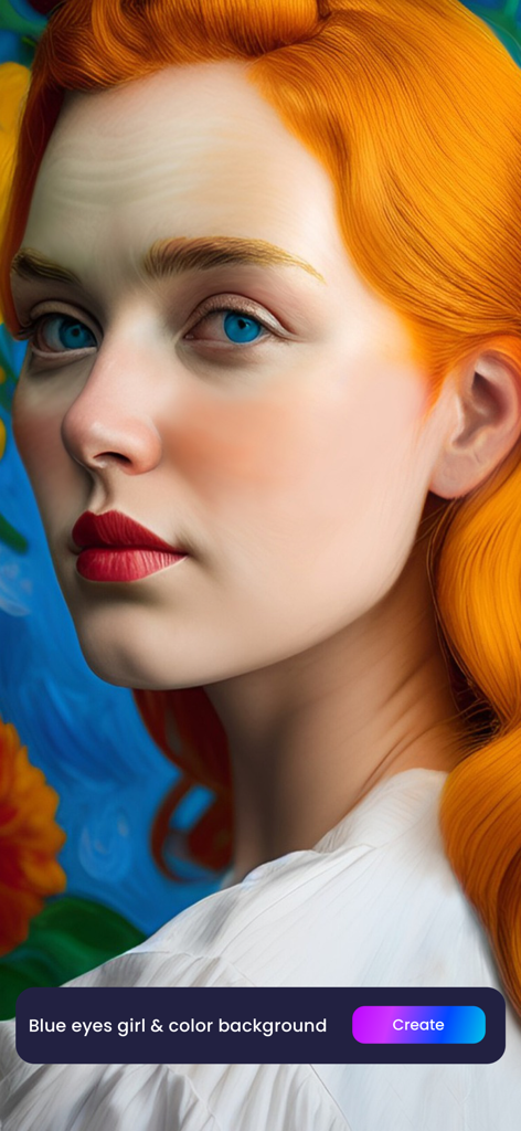 DeepAI: AI Image Generator - Ein hochwertiges KI-generiertes Porträt eines Mädchens mit leuchtend orangenem Haar und blauen Augen, erstellt aus einem Text-Prompt.