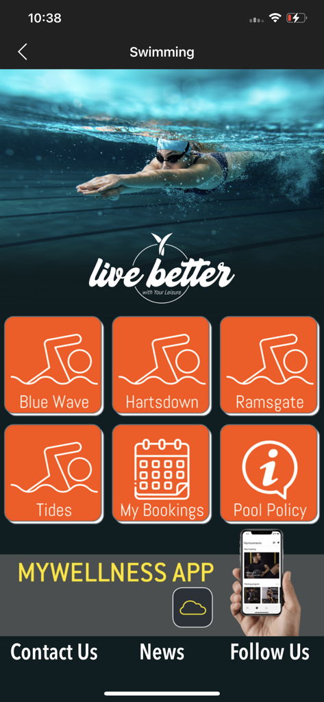 Live Better - Live Better app swimming screen showing options for pool locations and booking management