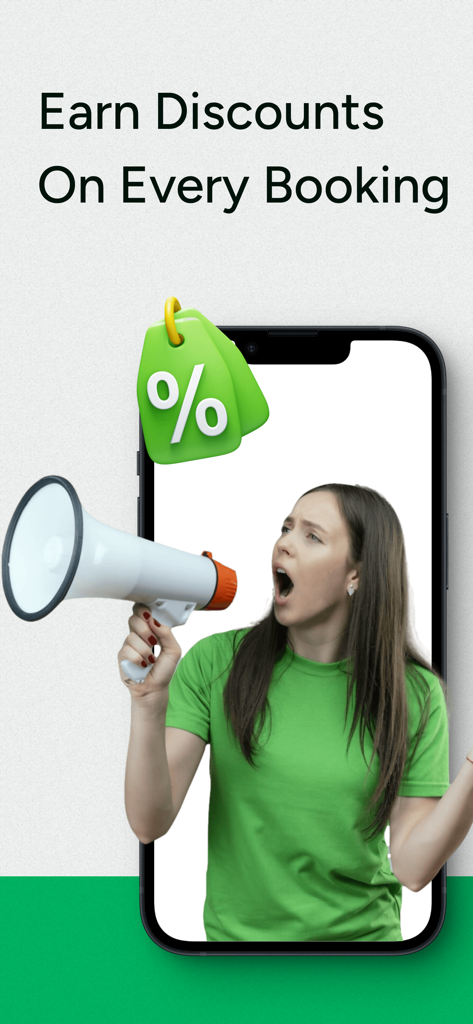 Playo - Sports Community App - Promotional screen for the Playo app showing a woman with a megaphone and a discount tag advertising savings on sports venue bookings