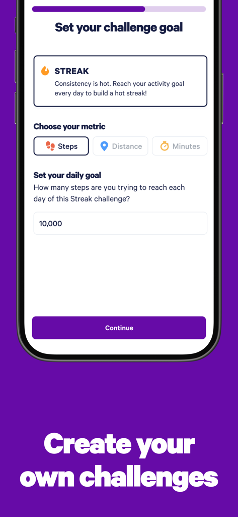Stridekick Activity Challenges - Smartphone display showing how to set a daily step goal for a streak challenge in the Stridekick app