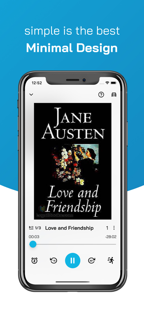 AudioAZ app minimalist player interface showing Love and Friendship by Jane Austen