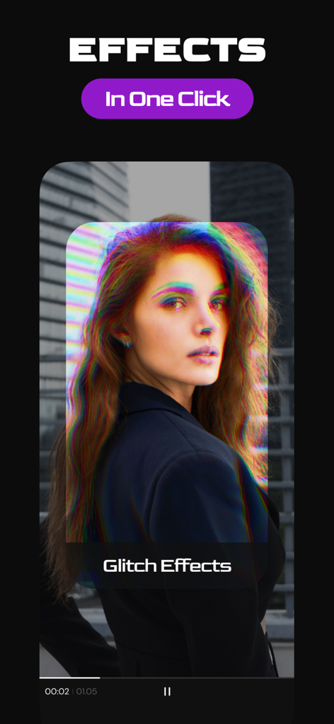 Reels Editor Story Maker BLISK - A woman with a colorful glitch effect applied to her portrait using the BLISK reels editor app.