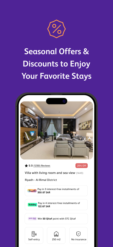 Gathern جاذر إن - Gathern app interface showing seasonal discounts for luxury villa rentals in Riyadh
