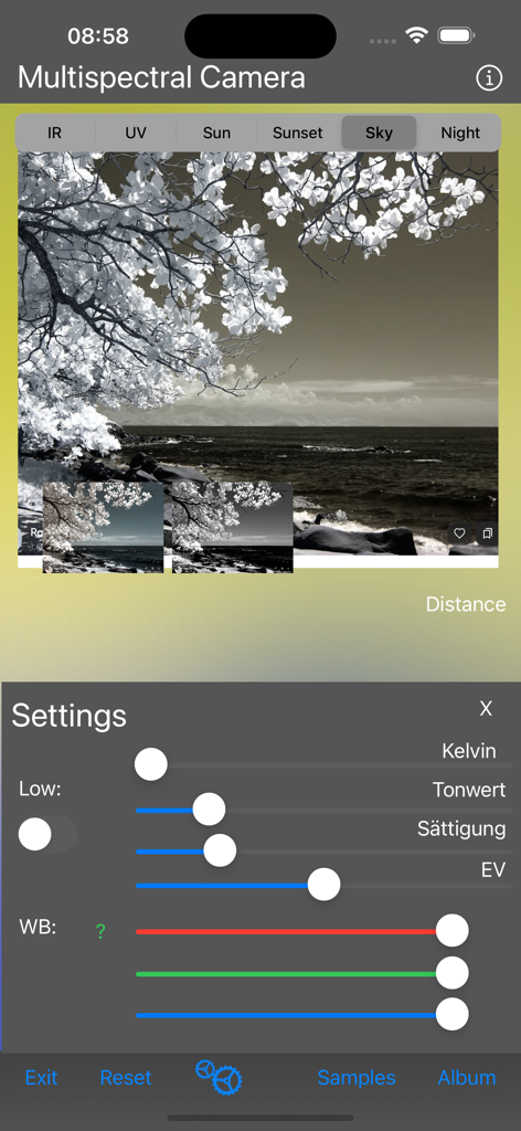 Interface of the Multispectral Camera app showing manual photography settings for Kelvin tone saturation and exposure in Sky mode